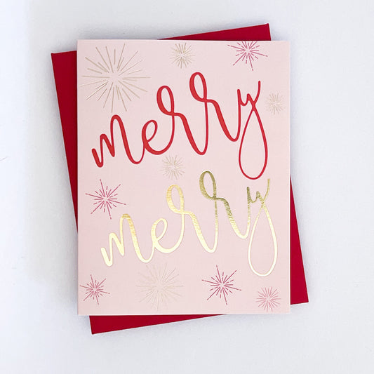 A Holiday card with 'Merry Merry' text in red and gold foil, with a Christmas-themed design including stars and a red envelope.